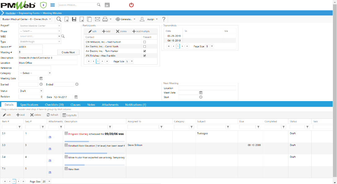 PMWeb 7 Engineering Forms Meeting Minutes Details