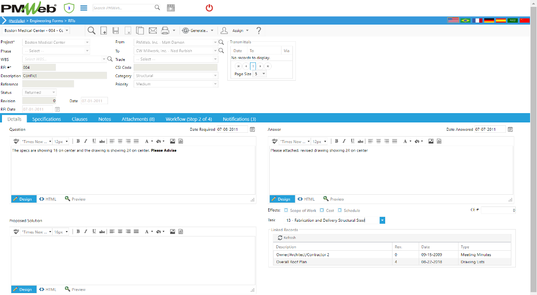 PMWeb 7 Engineering Forms RFIs Details