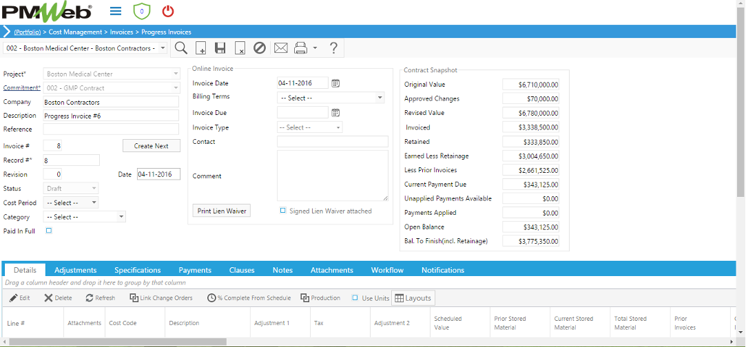 PMWeb 7 Cost Managment Invoices Progress Invoices Details