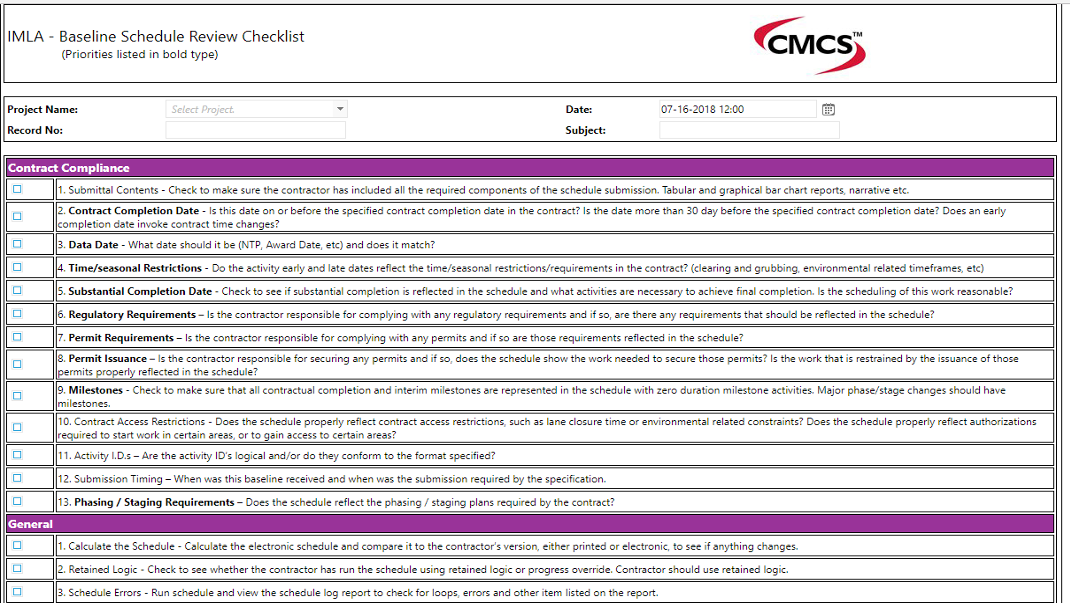 PMWeb 7 Schedule Review Checklist