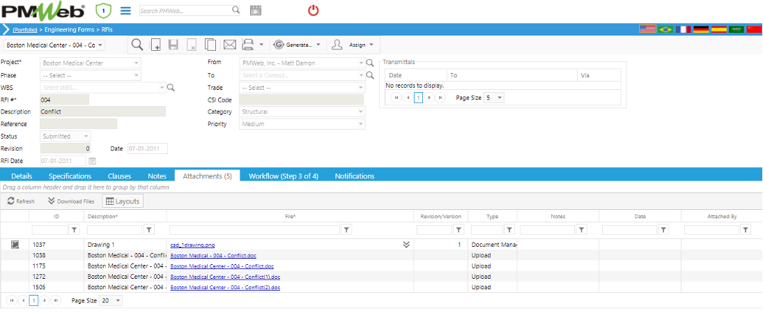PMWeb 7 Engineering Forms RFIs Attachments