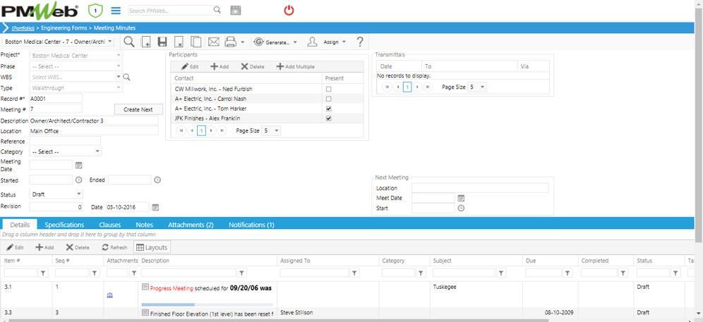 PMWeb 7 Engineering Forms Meeting Minutes Details 