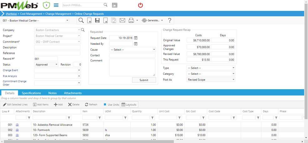 PMWeb 7 Cost Managment Change Managment Online Change Requests Details 