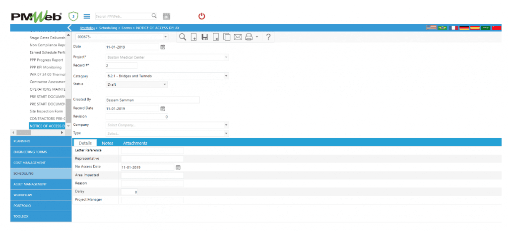 PMWeb 7 Scheduling Forms Notice of Access Delay Details