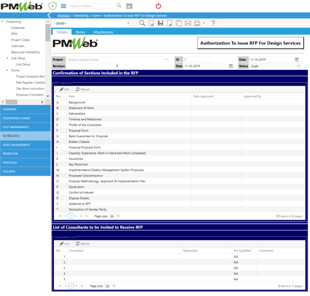 PMWeb 7 Scheduling Forms Authorization to Issue RFP to Design Services Details