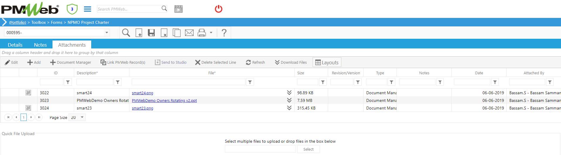 PMWeb 7 Toolbox Forms NPMO Project Charter Attachments