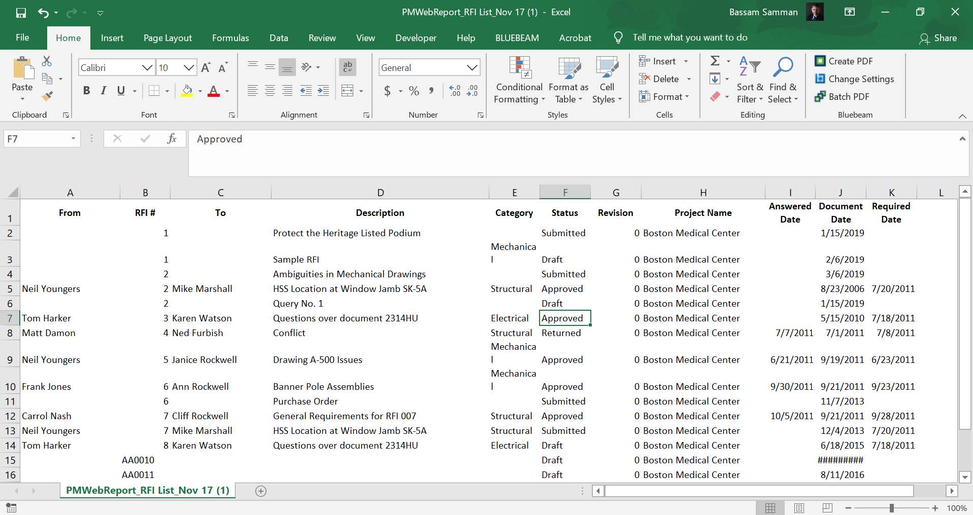 PMWeb 7 Report RFIs List Excel