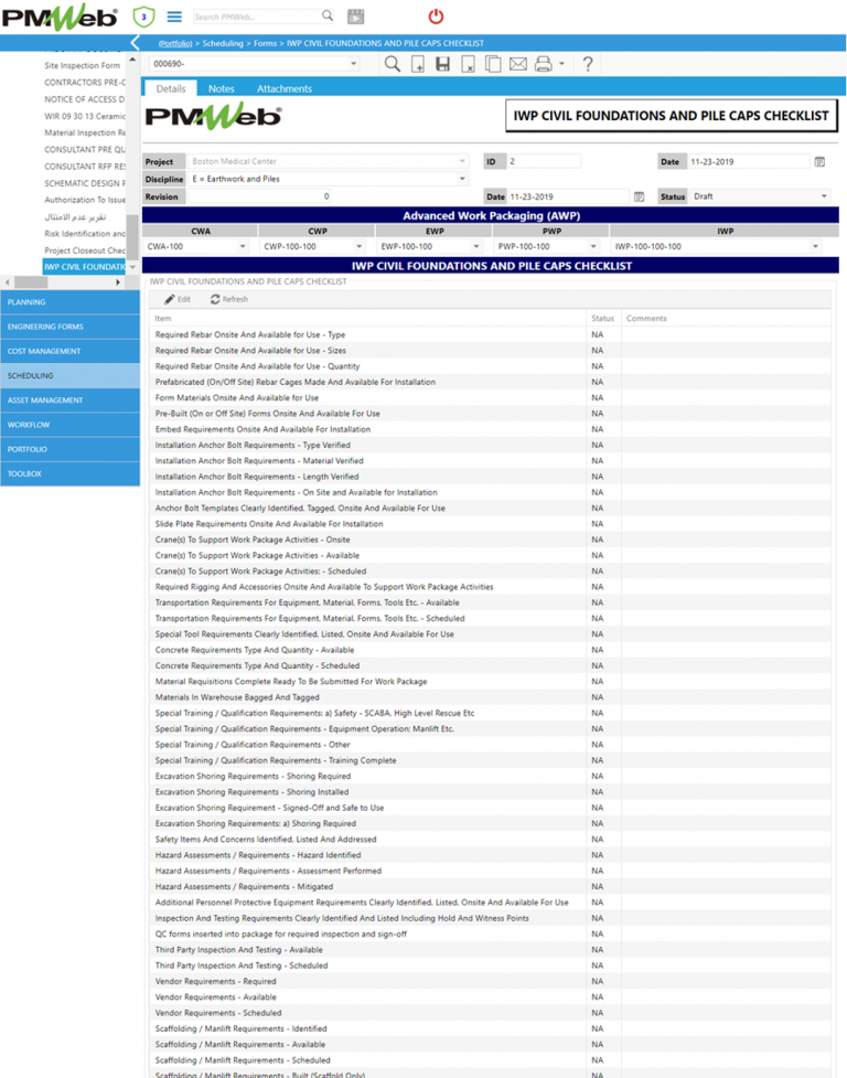 PMWeb 7 Scheduling Forms IWP Civil Foundation and Pile Caps Checklist Details