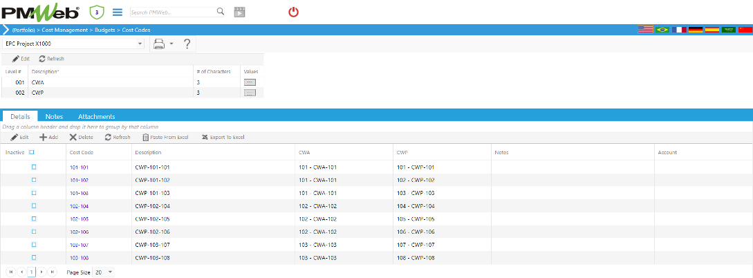 PMWeb 7 Cost Management Budgets Cost Code Details
