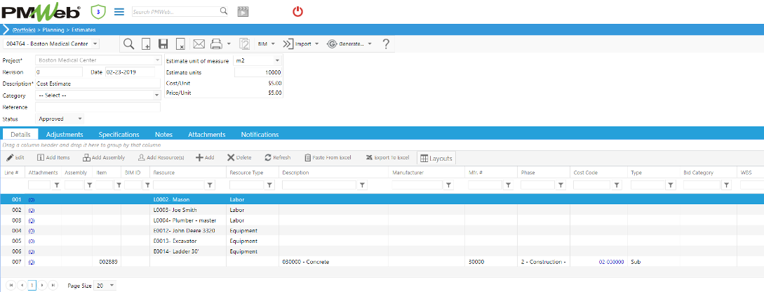 PMWeb 7 Planning Estimate Details