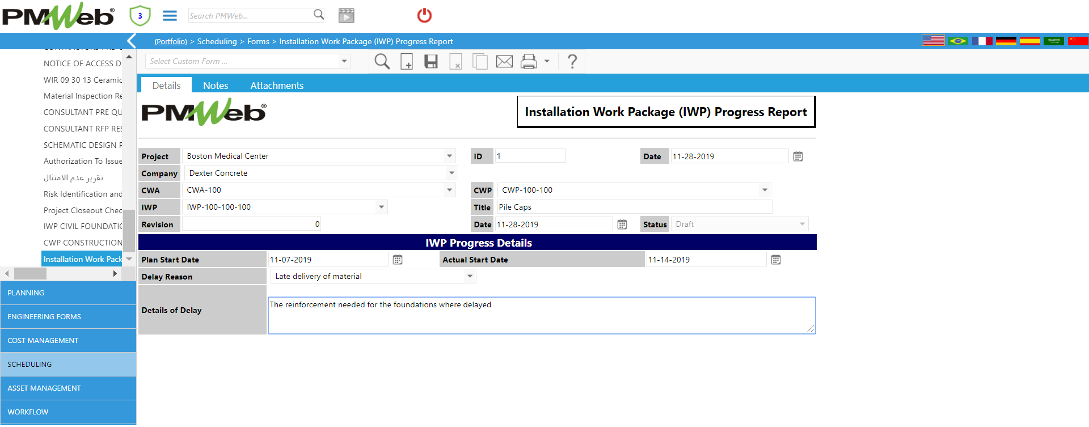 PMWeb 7 Scheduling Forms Installation Work Package (IWP) Progress Report Details