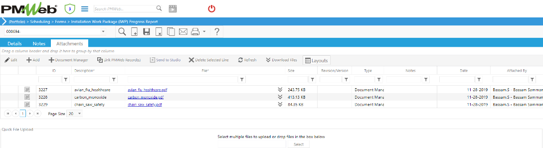PMWeb 7 Scheduling Forms Installation Work Package (IWP) Progress Report Attachments