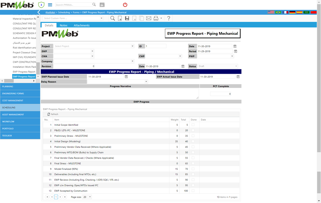 PMWeb 7 Scheduling Forms EWP Progress Report Piping Mechanical Details