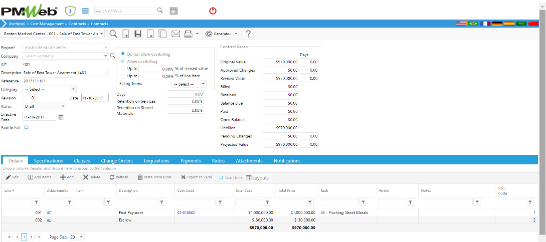 PMWeb 7 Cost Managment Contracts Contracts Details