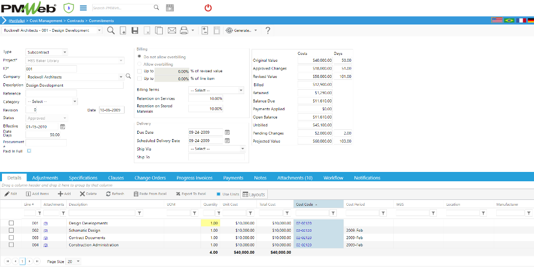 PMWeb 7 Cost Managment Contracts commitments Details