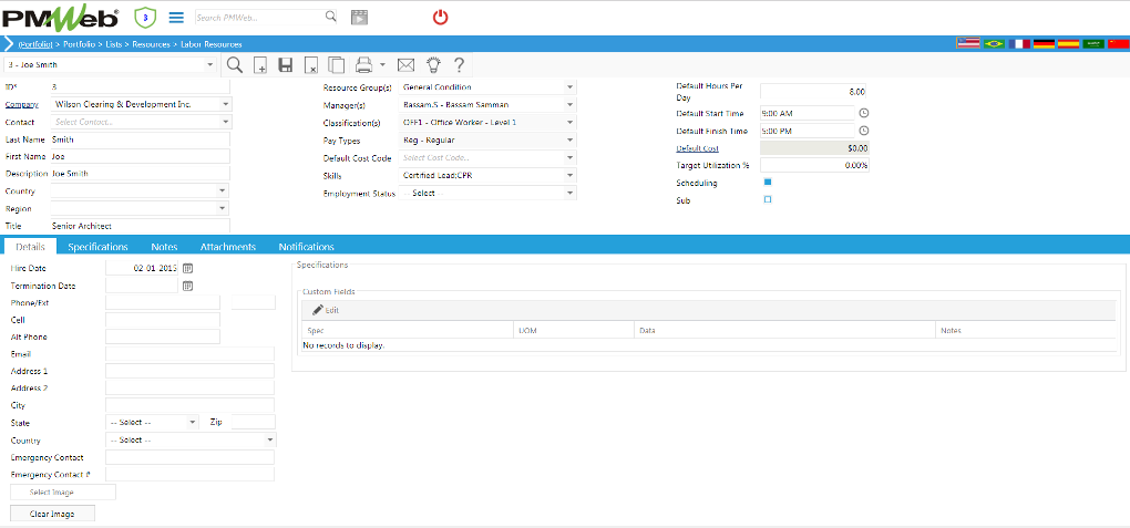 PMWeb 7 Portfolio Lists Resources Labor Resources Details
