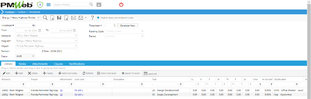 PMWeb 7 Toolbox Timesheets Details