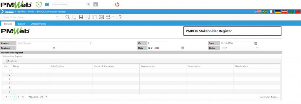 PMWeb 7 Planning Forms PMBOK Stakeholder Register Details