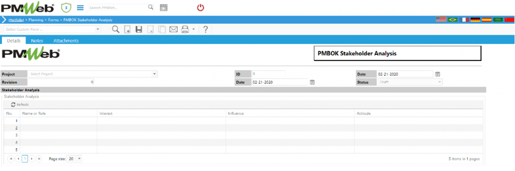 PMWeb 7 Planning Forms PMBOK Stakeholder Analysis Details