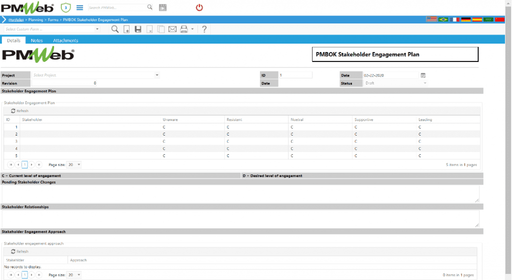 PMWeb 7 Planning Forms PMBOK Stakeholder Engagement Plan Details