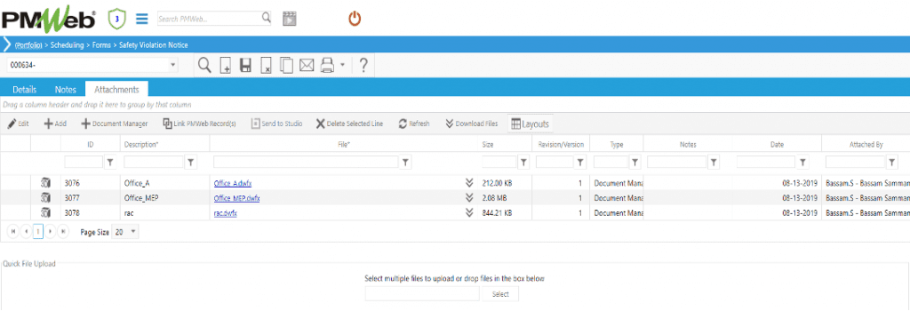 PMWeb 7 Scheduling Forms Safety violation Notice Attachments