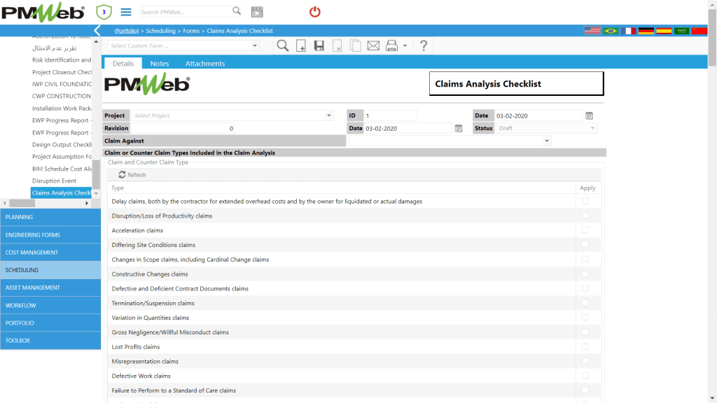 PMWeb 7 Scheduling Forms Claims Analysis Checklist