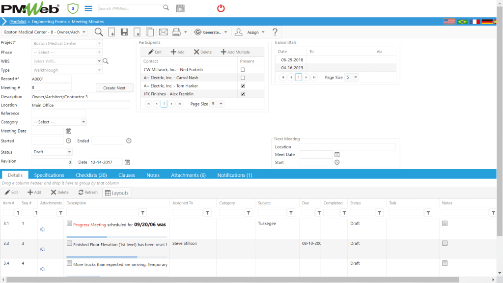 PMWeb 7 Engineering Forms Meeting Minutes Details