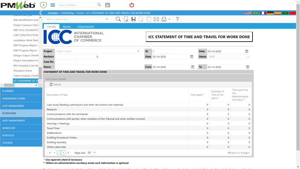 PMWeb 7 Scheduling Forms ICC Statement of Time and Travel for Work Done Details ICC Arbitration Process