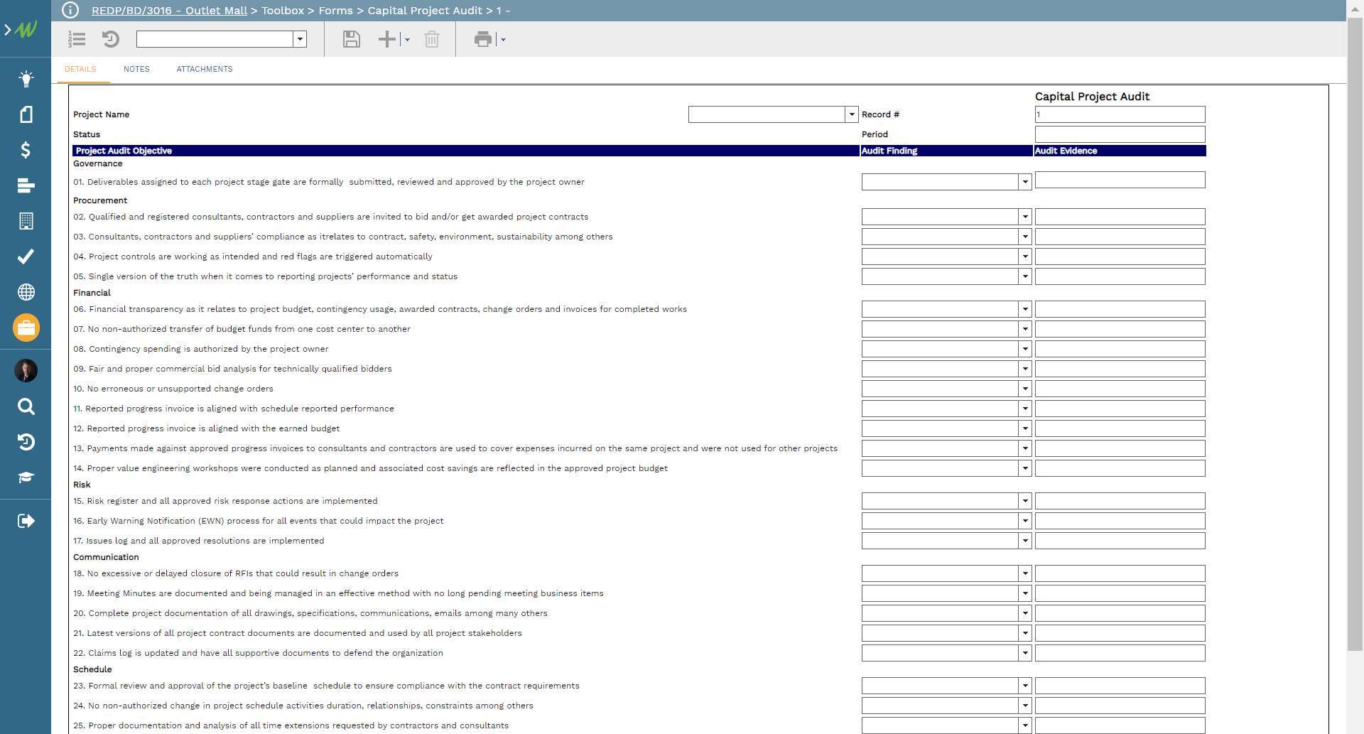 PMWeb 7 Outlet Mall Toolbox Forms Capital Project Audit 
Details