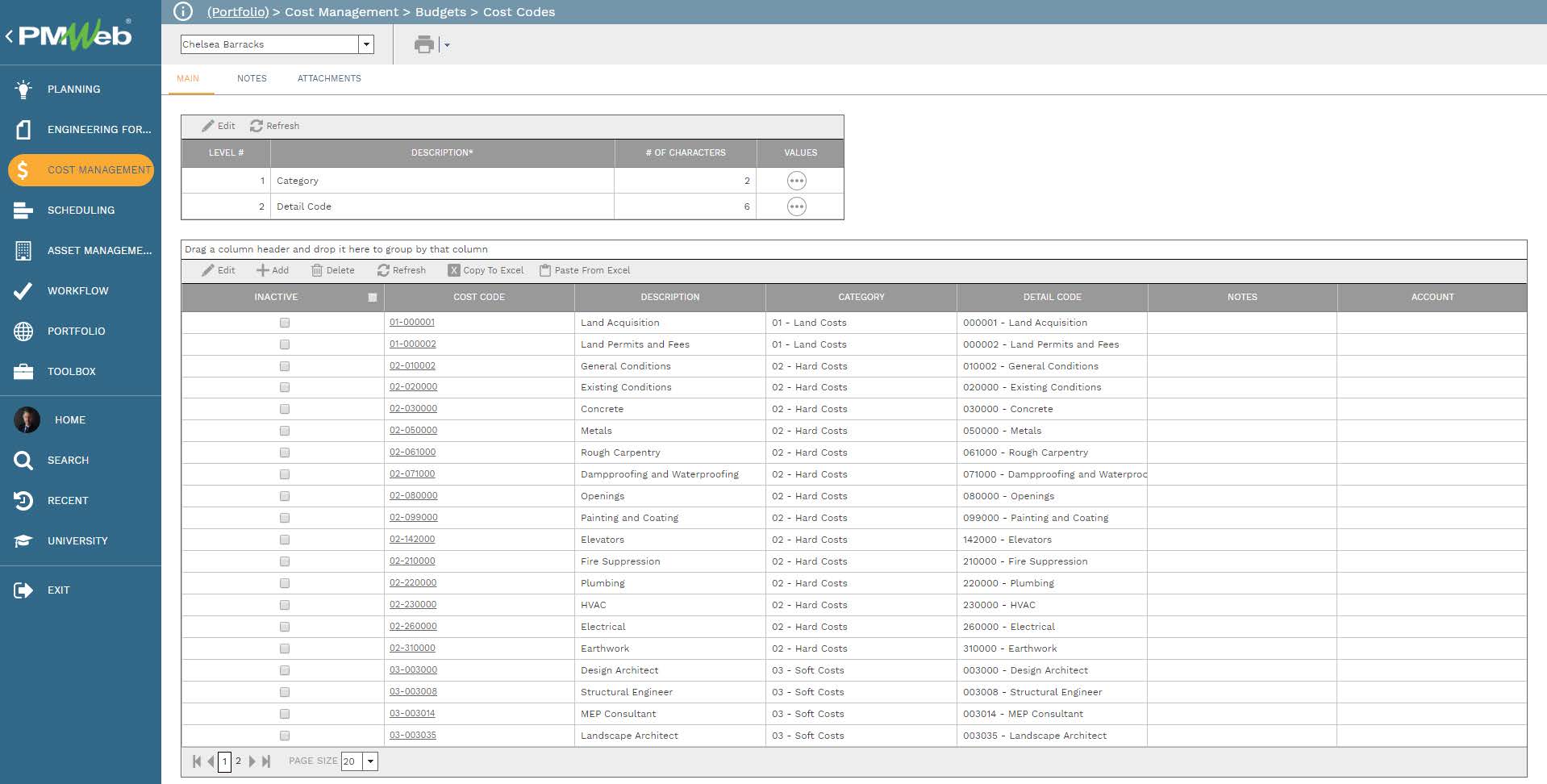 PMWeb 7 Cost Management Budgets Cost Codes
Main