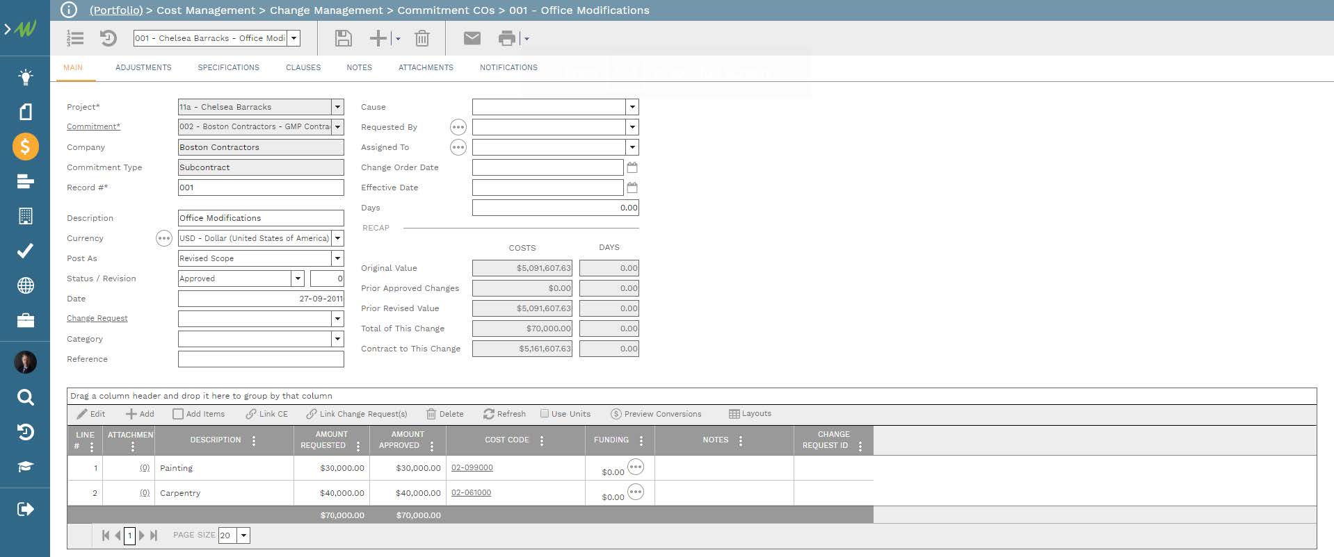 PMWeb 7 Cost Management Change Management Commitments COs 001 Office Modifications
Main