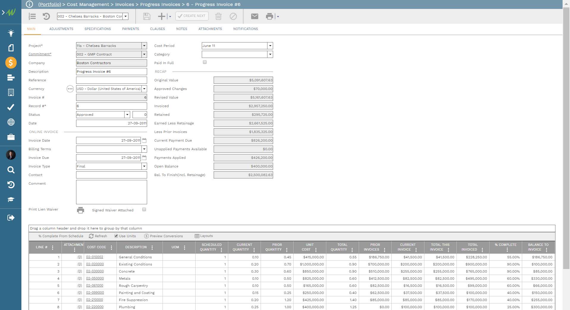 PMWeb 7 Cost Management Invoices Progress Invoices 6
Main