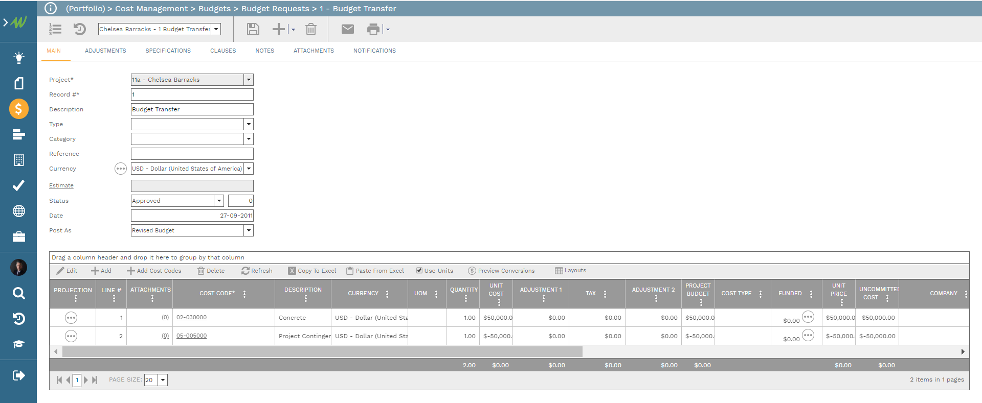 PMWeb 7 Cost Management Budgets Budget Request Requests 1 Budget Transfer
Main