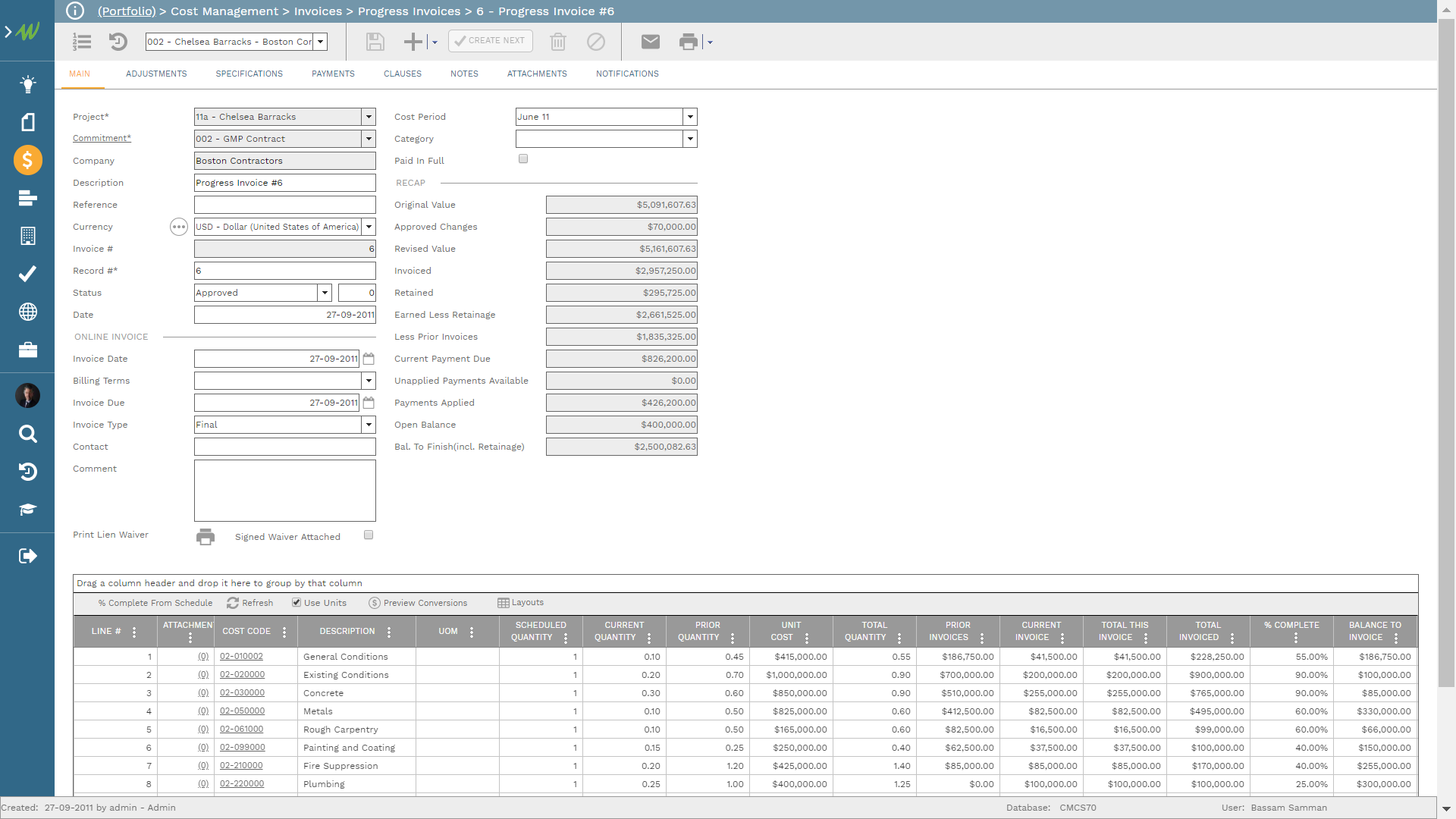 PMWeb 7 Cost Management Invoices Progress Invoices 6
Main