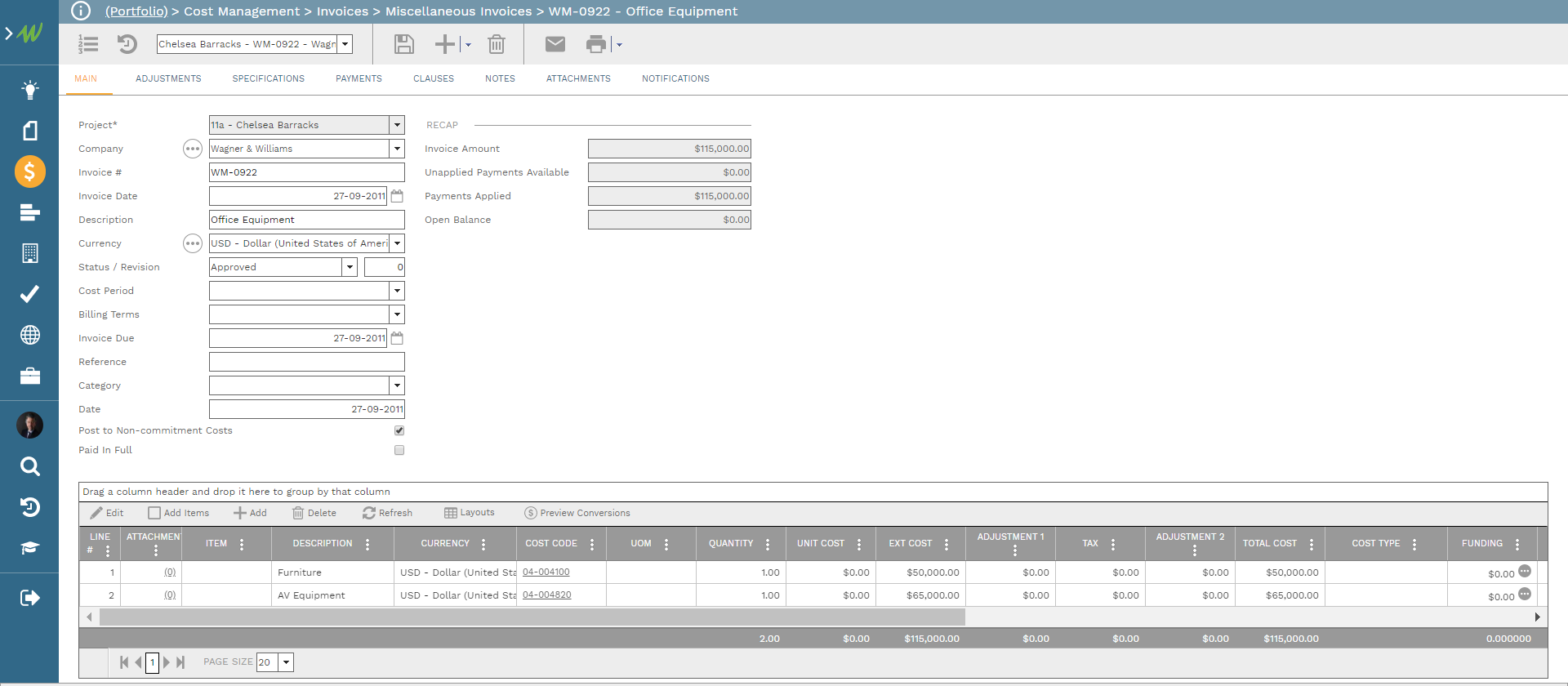 PMWeb 7 Cost Management Invoices Miscellaneous Invoices WM 0922 Office Equipment
Main