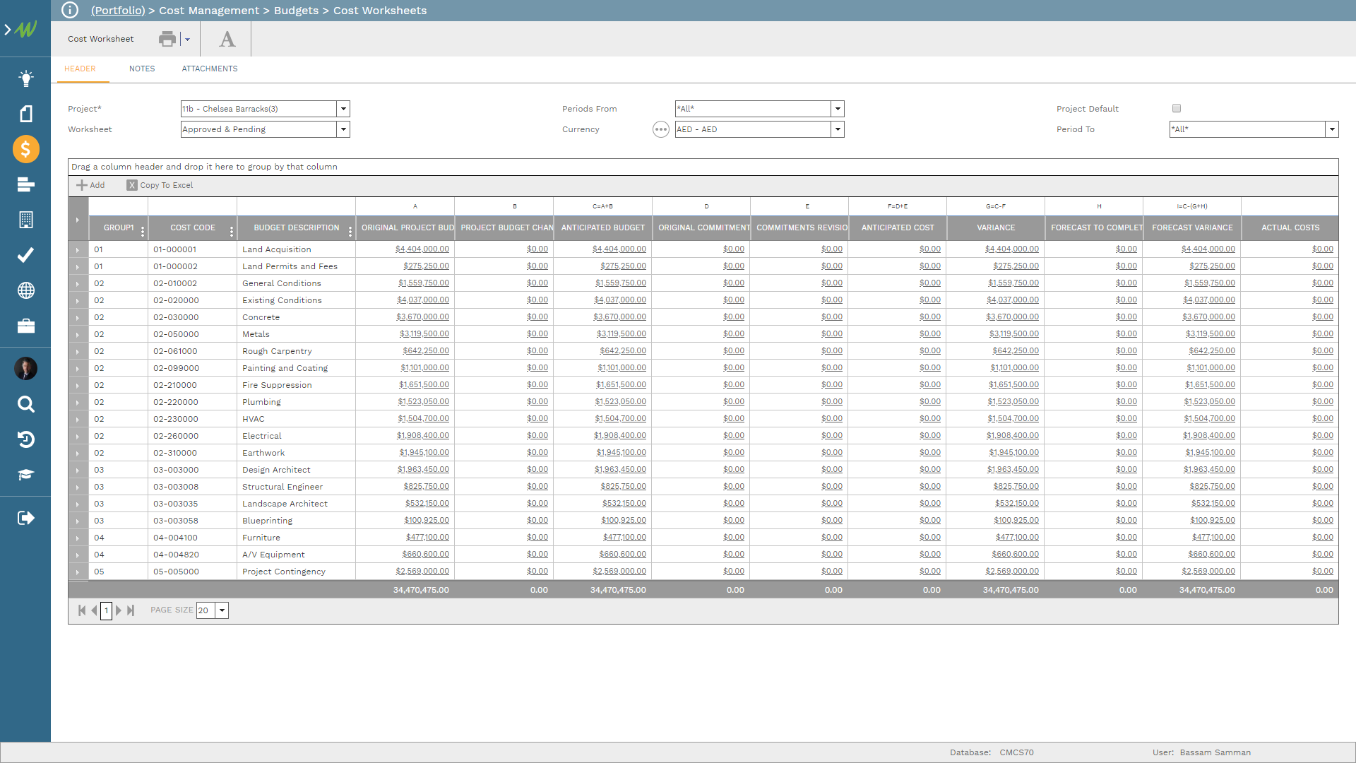 PMWeb 7 Cost Management Budgets Cost Worksheets
Header