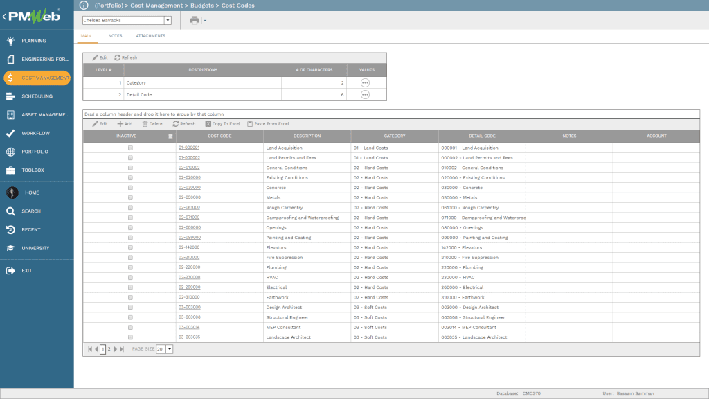 PMWeb 7 Cost Management Budgets Cost Codes for the Cost Value Reconciliation