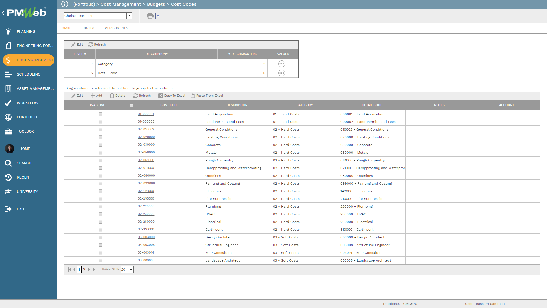 PMWeb 7 Cost Management Budgets Cost Codes
Main