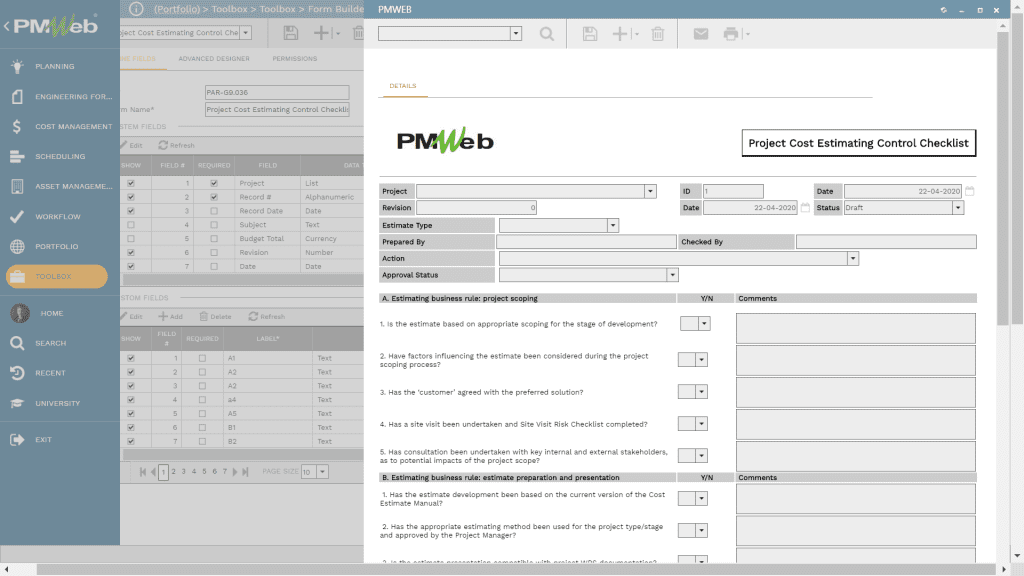 PMWeb 7 Tools Form Builder Project Cost Estimate Checklist