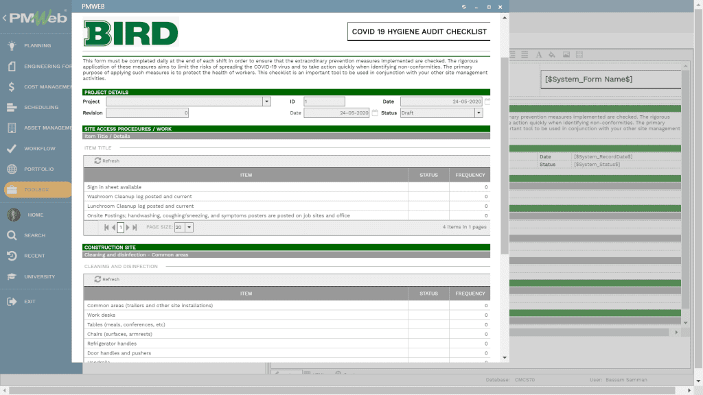 PMWeb 7 HYGIENE AUDIT CHECKLIST COVID-19 form