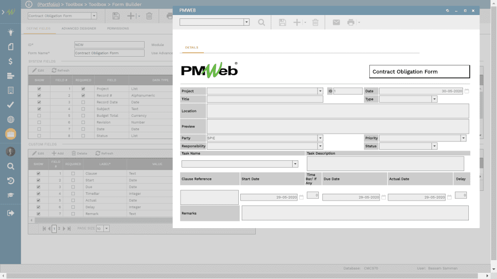 PMWeb 7 Toolbox Toolbox Form Builder Contract Obligations Form