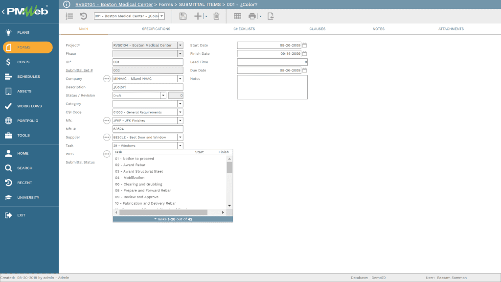 PMWeb 7 Forms Submittal Items