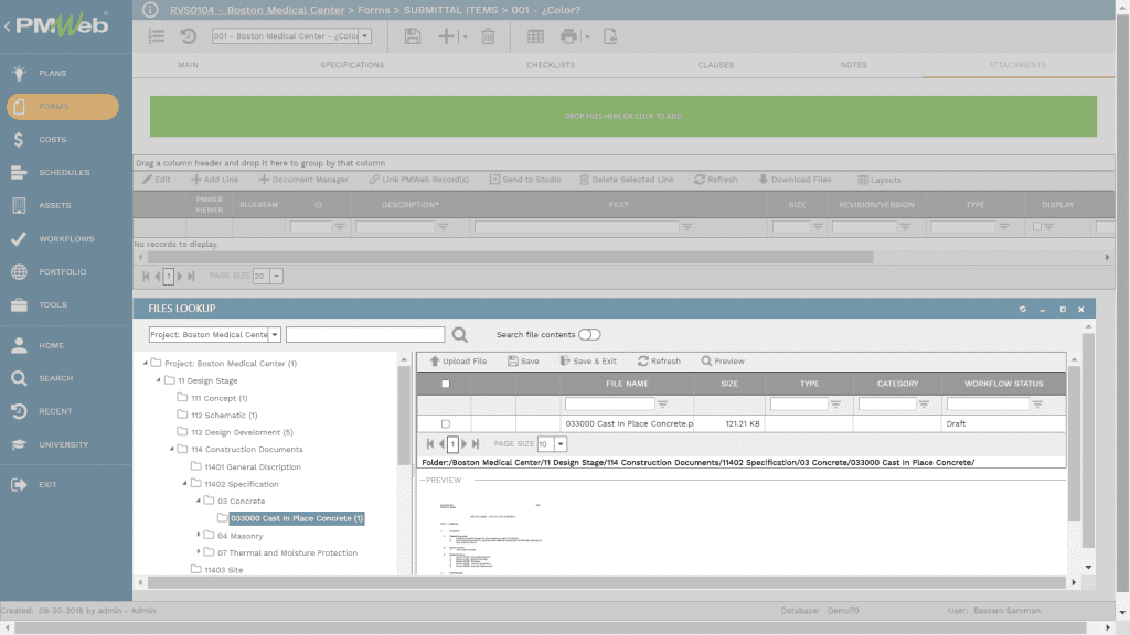 PMWeb 7 Forms Submittal Items