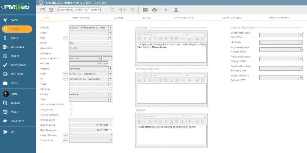 PMWeb 7 Forms RFIs Conflict for PMO Processes