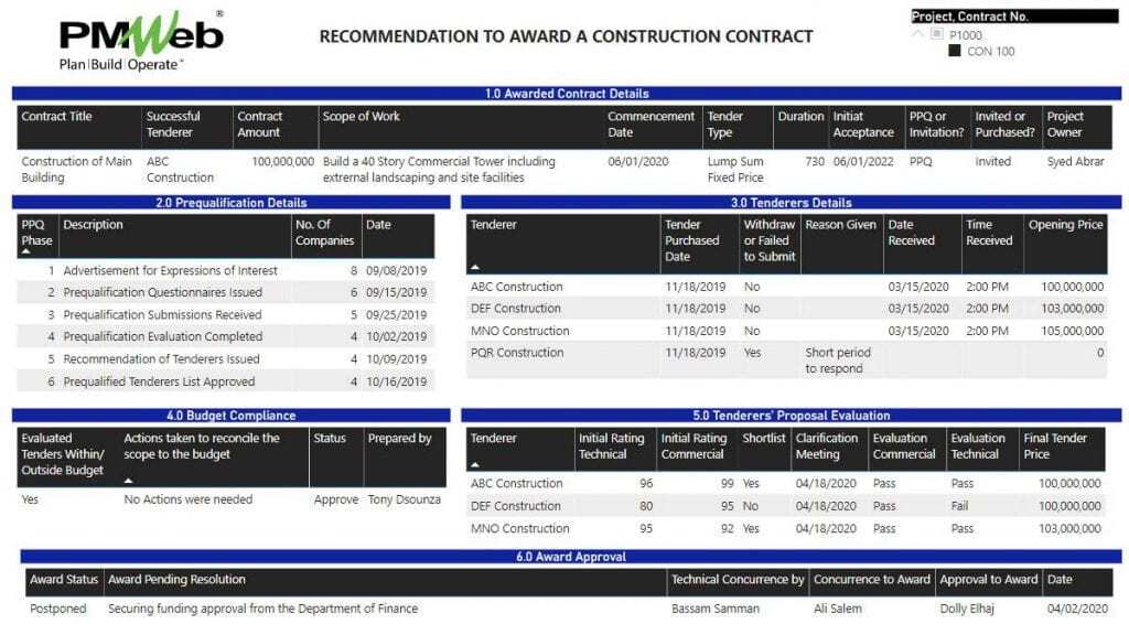 PMWeb 7 Recommendation to Award a Construction Contract