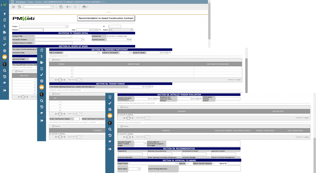 PMWeb 7 Tools Forms Recommendation to Award a Construction Contract