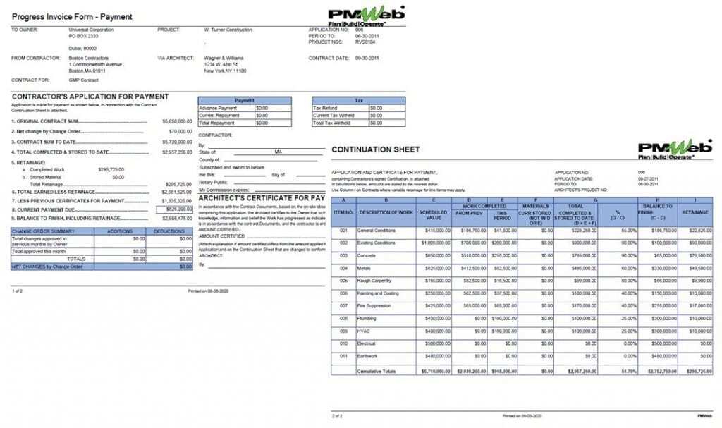 PMWeb 7 Progress Invoice Form Payment Continuation Sheet