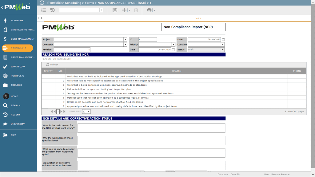 PMWeb 7 Scheduling Forms Non Compliance Report