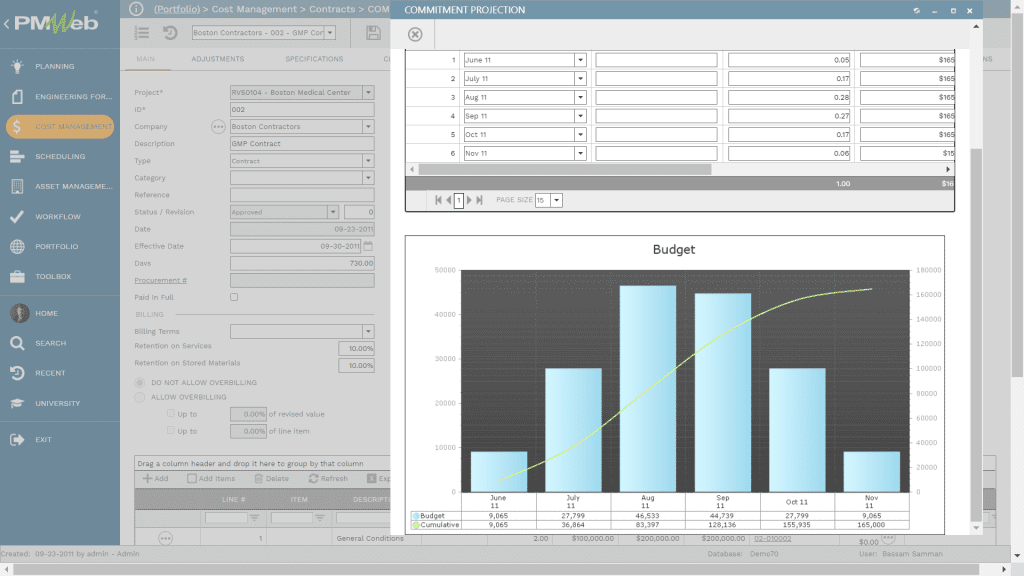 PMWeb 7 Cost Management Contracts Commitments Projection