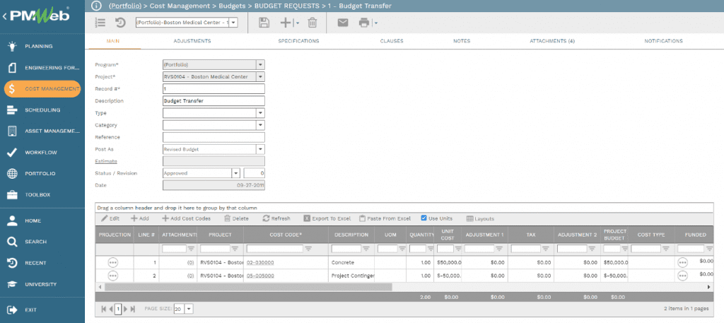PMWeb 7 Cost Managment Budgets